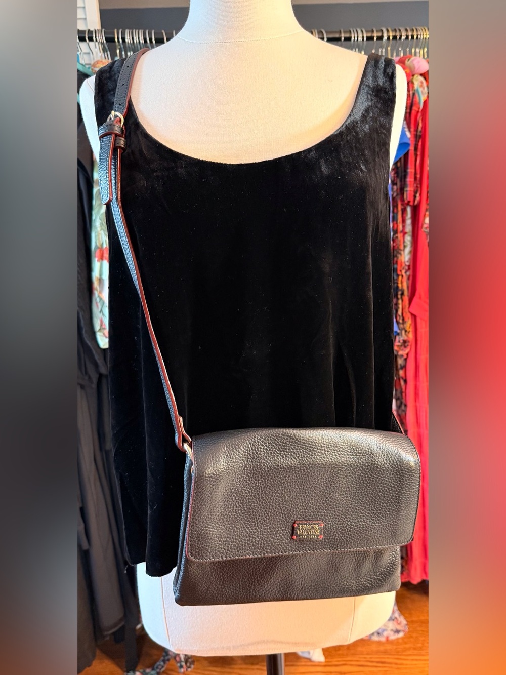FRANCES VALENTINE Ann Crossbody Black Tumbled Leather Purse